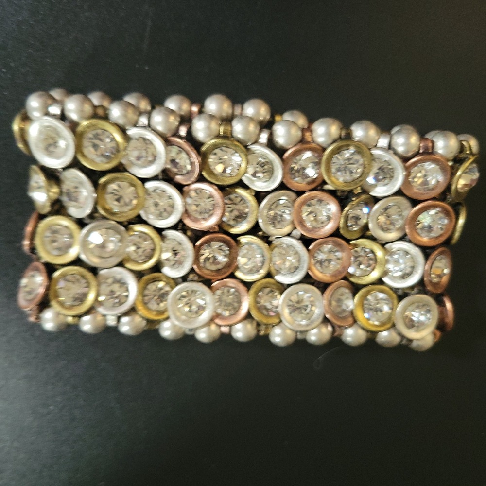 Mixed Metal Rhinestone Pearl Wide Stretch Cuff Bracelet One Size Fits‎ Most Glam